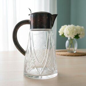 Antique Victorian Germany Silver Plated Cut Crystal Glass Lemonade Water Pitcher